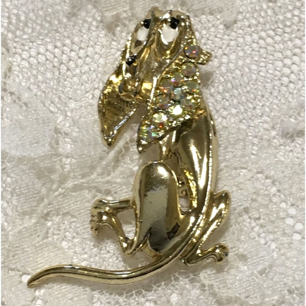 Vintage Dog Brooch Blood hound Gold Tone AB Rhinestone Ears Enamel Eyes